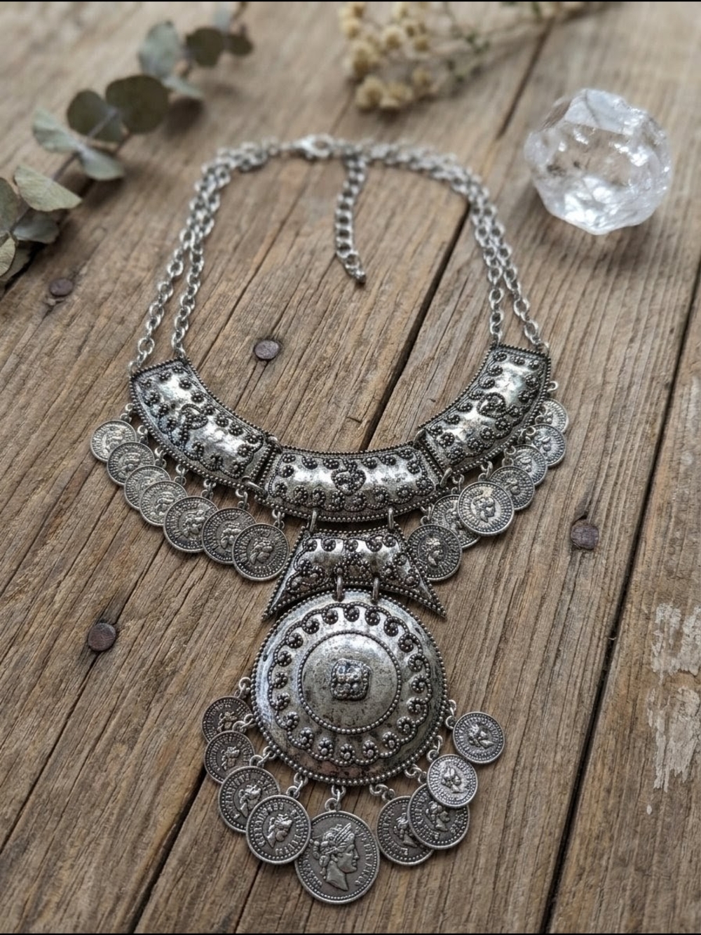 Bohemian Silver-Tone Coin Bib Necklace